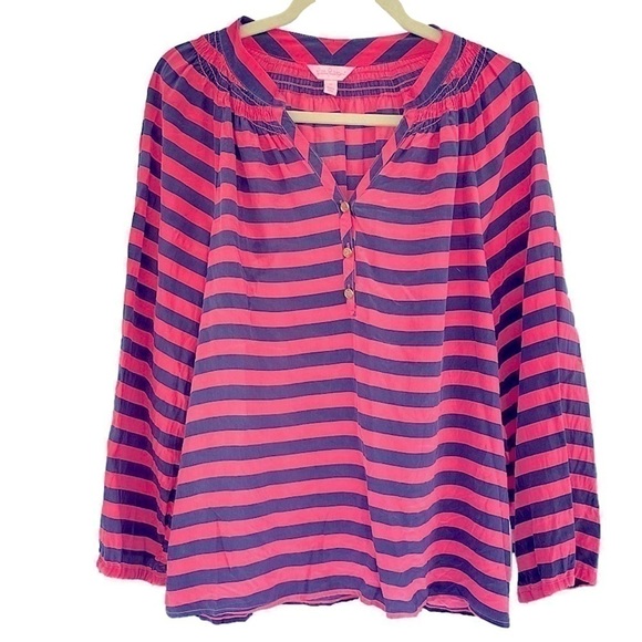 Lilly Pulitzer Pink/Navy Striped Elsa Silk Blouse, M - Picture 1 of 13